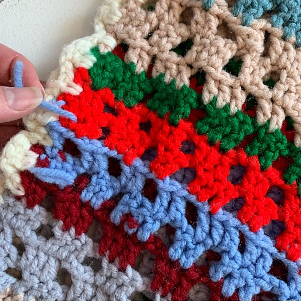 Vintage Handmade Multicolor Crochet Knit Afghan Throw Blanket